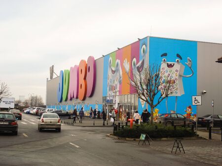 Jumbo shopping mall. Toy store. Big sign, logo of Jumbo Store in Bucharest, Romania, 2019のeditorial素材