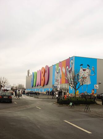 Jumbo shopping mall. Toy store. Big sign, logo of Jumbo Store in Bucharest, Romania, 2019のeditorial素材