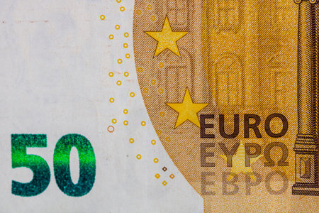 World money concept, macro detailed on a 50 Euro banknote, macro photo of EURO currency