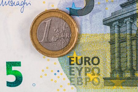 World money concept, macro detailed on a 5 Euro banknote, macro photo of EURO currencyの写真素材