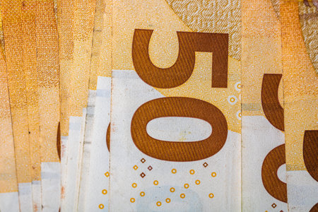 World money concept, macro detailed on a 50 Euro banknote, macro photo of EURO currency