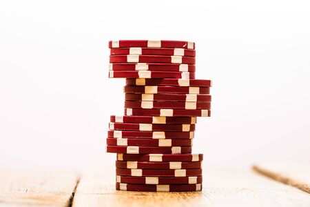 Poker casino chips stacks close up. Casino concept, risk, chance, good luck or gambling. Detail of casino chipsの写真素材