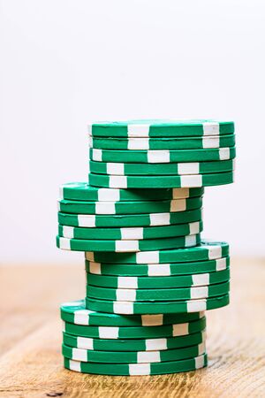 Poker casino chips stacks close up. Casino concept, risk, chance, good luck or gambling. Detail of casino chipsの写真素材