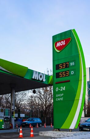 A Hungarian MOL gas station. MOL is Central Europe's largest oil and natural gas retailer and wholesaler. Bucharest, Romania, 2020のeditorial素材