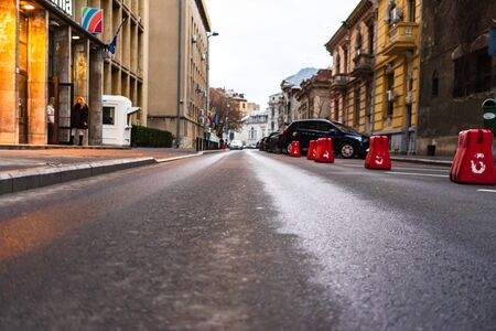 Empty road on winter morning in Bucharest, Romania, 2020のeditorial素材
