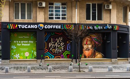 The Famous TUCANO Coffee Shop and logo in downtown Bucharest, Romania, 2020のeditorial素材