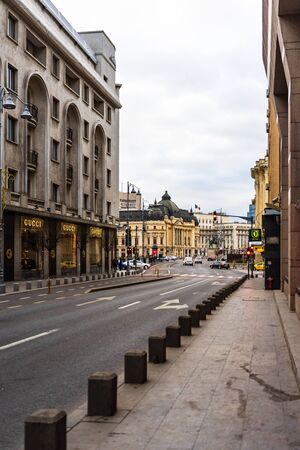 Traffic on the main boulevard in Bucharest downtown. Winter morning in Bucharest, Romania, 2020のeditorial素材