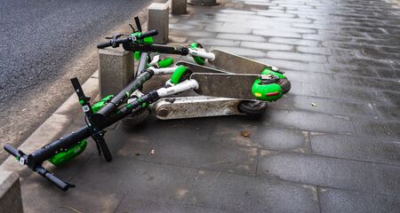 Abandoned Lime-S electric scooter of the company Lime in the street in Bucharest, Romania, 2020のeditorial素材