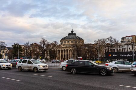 Romanian Athenaeum or Ateneul Roman, in the center of Bucharest, a landmark of the Romanian capital city Bucharest, 2020のeditorial素材