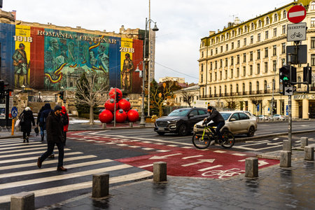 Early morning traffic and empty streets in downtown Bucharest, Romania, 2020のeditorial素材