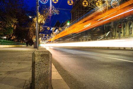 City lights and long exposure evening traffic in Bucharest, Romania, 2020のeditorial素材