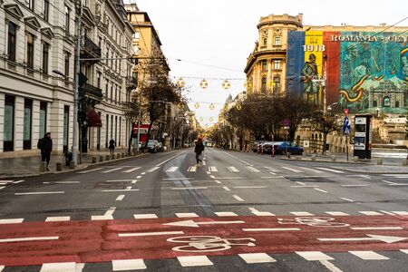 Early morning traffic and empty streets in downtown Bucharest, Romania, 2020のeditorial素材
