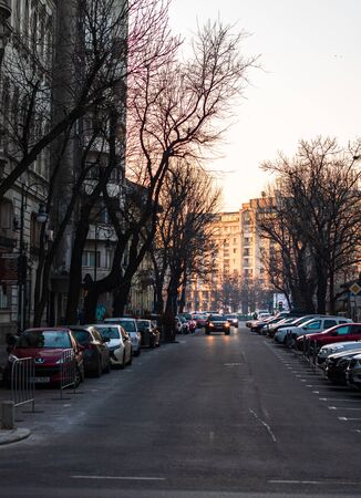 Car traffic on the main boulevard in Bucharest downtown. Winter morning/evening rush hour in Bucharest, Romania, 2020のeditorial素材