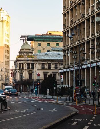 Car traffic on the main boulevard in Bucharest downtown. Winter morning/evening rush hour in Bucharest, Romania, 2020のeditorial素材