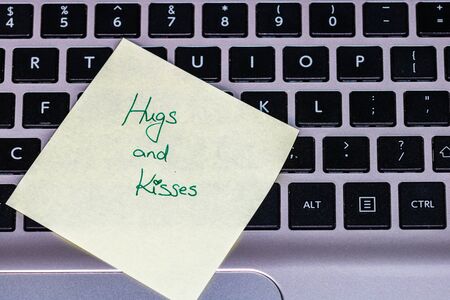 Writing love text on memo post reminder. Sticker with lovely message. Text on notepaper.の写真素材