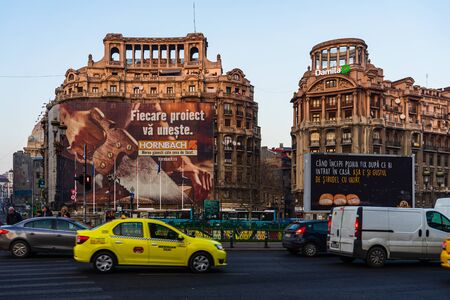Morning and evening rush hour, stopped cars and heavy traffic on the main boulevard of Bucharest, Romania, 2020のeditorial素材
