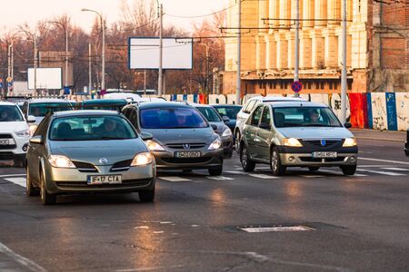 Morning and evening rush hour, stopped cars and heavy traffic on the main boulevard of Bucharest, Romania, 2020のeditorial素材