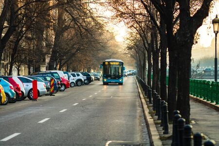 Morning and evening rush hour, stopped cars and heavy traffic on the main boulevard of Bucharest, Romania, 2020のeditorial素材