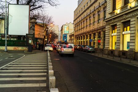 Morning and evening rush hour, stopped cars and heavy traffic on the main boulevard of Bucharest, Romania, 2020のeditorial素材