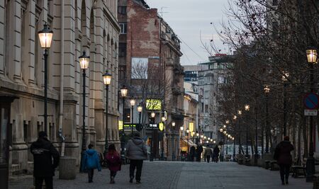Group of people walking and visiting Bucharest downtown area, Romania, 2020のeditorial素材