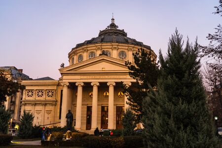 Detail view of the Romanian Athenaeum or Ateneul Roman, at evening light, a landmark in the Old Town of Bucharest, Romania, 2020のeditorial素材