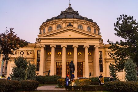 Detail view of the Romanian Athenaeum or Ateneul Roman, at evening light, a landmark in the Old Town of Bucharest, Romania, 2020のeditorial素材