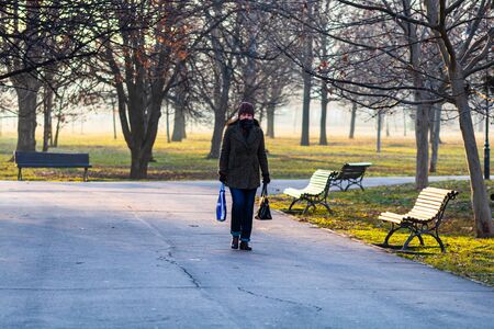 Winter morning, woman walking on the alley of Izvor Park from Bucharest, Romania, 2020のeditorial素材