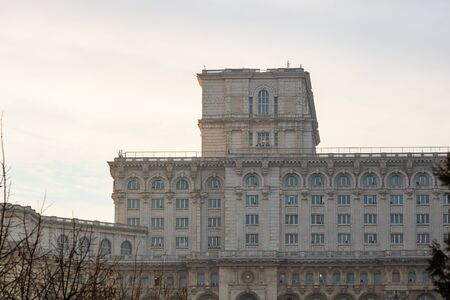 Detail view of the Palace of Parliament (Palatul Parlamentului) in Bucharest, capital of Romania, 2020のeditorial素材