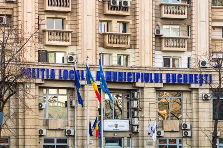 Detail view of the Local Police Headquarters building in Bucharest, Romania, 2020のeditorial素材