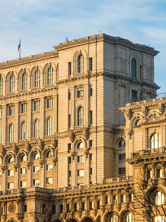 Detail view of the Palace of Parliament (Palatul Parlamentului) in Bucharest, capital of Romania, 2020のeditorial素材