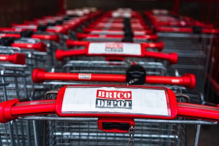 Shopping carts seen outside a Brico Depot construction materials and decoration store in Bucharest, Romania, 2020のeditorial素材