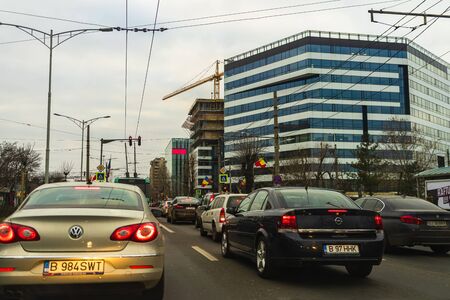 Bucharest rush hour at evening time. Car photo of the traffic in Bucharest, Romania, 2020のeditorial素材