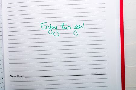 Enjoy this year, handwriting text on page of office agenda. Copy space.の写真素材