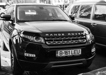 The new Range Rover, parked in Bucharest, Romania, 2020. Black and white photo.のeditorial素材
