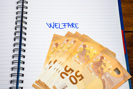 Money, welfare handwriting  text on paper, on office agenda. Copy space.
