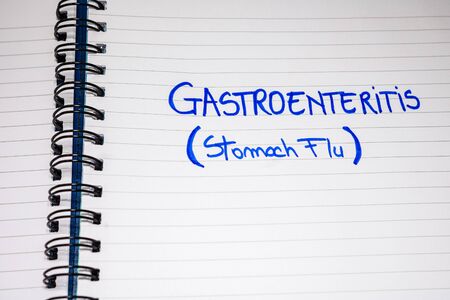 Gastroenteretis (Stomach flu) handwriting  text on paper, on office agenda. Copy space.の写真素材