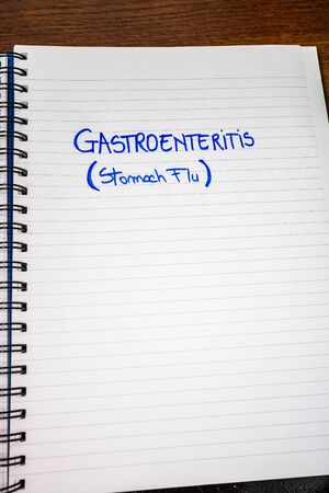 Gastroenteretis (Stomach flu) handwriting  text on paper, on office agenda. Copy space.の写真素材