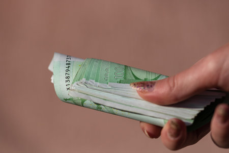 woman hands giving money like a bribe or tips. Holding EURO banknotes on a blurred background, EU...