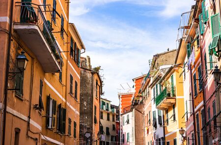 Detail of the narrow streets of Portofino village in Cinque Terre, Italyの写真素材