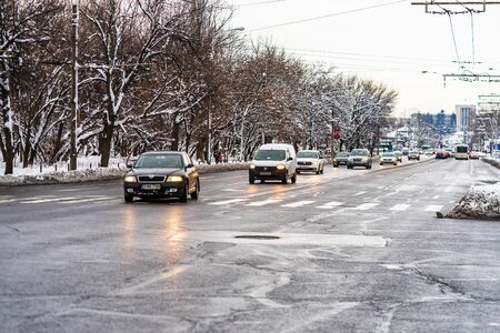 Winter season and icy cars on the road in the morning rush hour traffic in Bucharest, Romania, 2020のeditorial素材