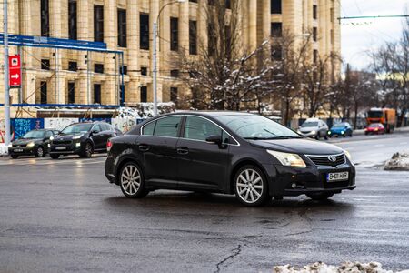 Winter season and icy cars on the road in the morning rush hour traffic in Bucharest, Romania, 2020のeditorial素材