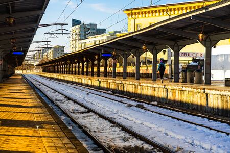 Train platform at Bucharest North Railway Station (Gara de Nord) in Bucharest, Romania, 2020のeditorial素材