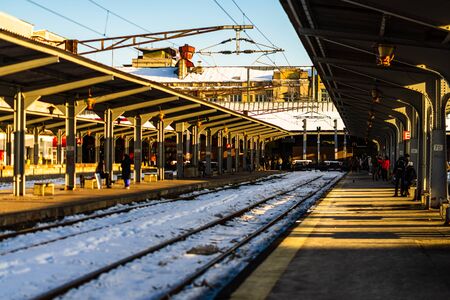 Train platform at Bucharest North Railway Station (Gara de Nord) in Bucharest, Romania, 2020のeditorial素材