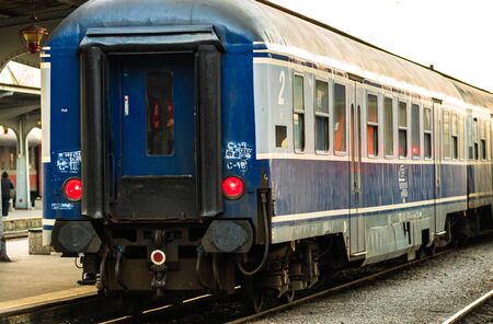 Detail train view. Train on the platform of Bucharest North Railway Station (Gara de Nord Bucuresti) in Bucharest, Romania, 2020のeditorial素材