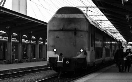 Detail train view. Train on the platform of Bucharest North Railway Station (Gara de Nord Bucuresti) in Bucharest, Romania, 2020のeditorial素材
