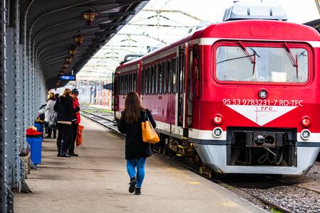 Detail train view. Train on the platform of Bucharest North Railway Station (Gara de Nord Bucuresti) in Bucharest, Romania, 2020のeditorial素材