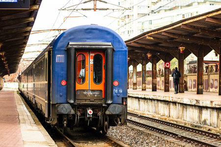 Detail train view. Train on the platform of Bucharest North Railway Station (Gara de Nord Bucuresti)...