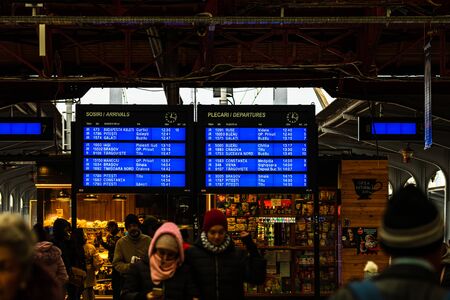 Digital arrivals and departures board on the main railway station of Romania, Bucharest North Railway Station (Gara de Nord Bucuresti), Bucharest, Romania, 2020のeditorial素材