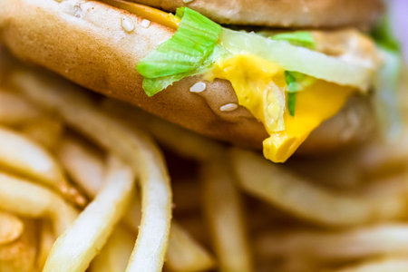 Close up detail of cheeseburger and french fries. Food, junk food and fast food concept