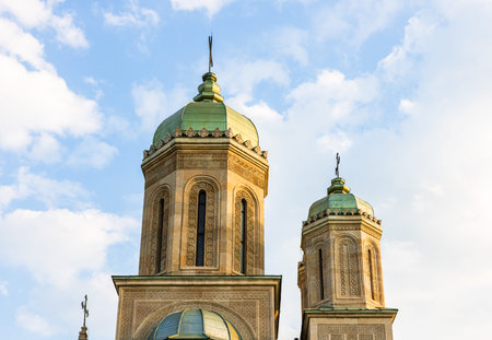 Close up of orthodox church with old architecture on beautiful sky.